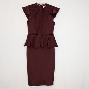 BISOU BISOU Burgundy Pencil Ruffle Skirt Dress; Short Flutter Sleeves; Size 6